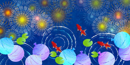 Fireworks goldfish summer Japanese paper backgroundのイラスト素材