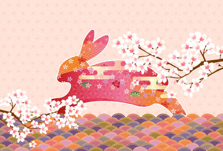 Rabbit New Year's card Japanese pattern backgroundのイラスト素材