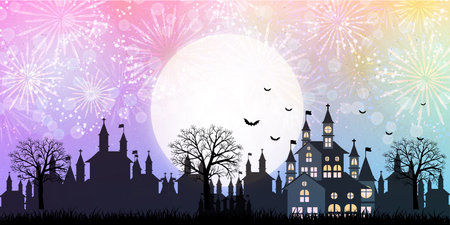 Halloween castle full moon fall backgroundのイラスト素材