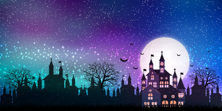 Halloween castle full moon fall backgroundのイラスト素材