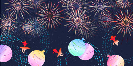 Goldfish Summer Fireworks Japanese Pattern Backgroundのイラスト素材