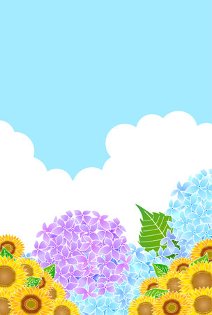 sunflowers hydrangea summer sky backgroundのイラスト素材