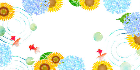 sunflowers hydrangea goldfish summer backgroundのイラスト素材