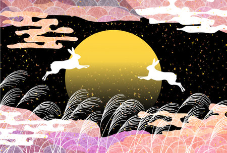 tsukimi rabbit landscape autumn backgroundのイラスト素材