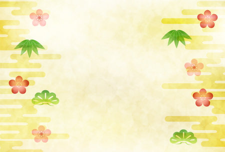 Japanese Pattern "Matsutake Ume" Nengajo Gold Backgroundのイラスト素材