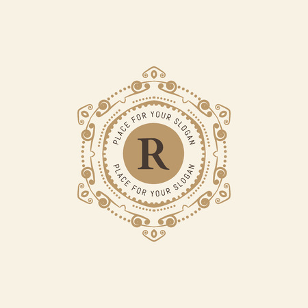 The letter R. Flourishes calligraphic monogram emblem template. Luxury elegant frame ornament line design vector illustration. Example designs for Cafe, Hotel, Heraldic, Restaurant, Boutiqueのイラスト素材