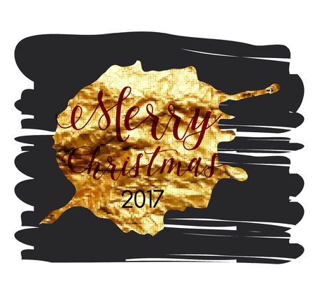 Merry Christmas. Gold banner. Stylish emotional greeting. The rhythmic composition of text and graphicsのイラスト素材