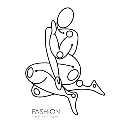 Artistic lady body profile silhouette and copy space text. Vector beauty and hair salon, fashion store or spa logo. Stylized model of a female figure in a linear style.のイラスト素材