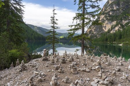 Lago di Braies, beautiful lake in the Dolomites.の写真素材