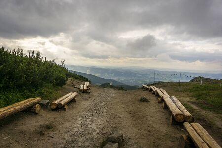 Wooden benches on the pass. Tatra Mountains. Poland.の写真素材