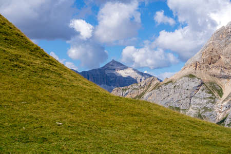 A view in the distance of the silhouette of Piz Boe in the Sella group. Dolomites.の写真素材