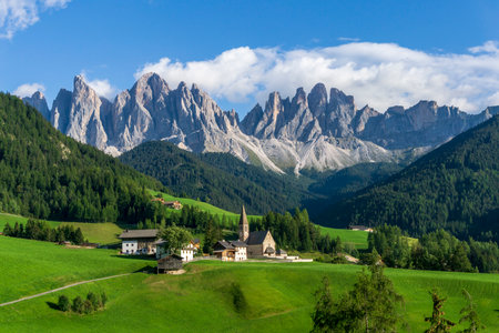 Great view of the Dolomites. Village of Santa Maddalena.の写真素材