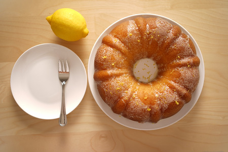 Top view of a baked round cake for tea timeの写真素材