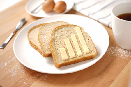 Scene from a breakfast table with staple food showing a graph made of cheese