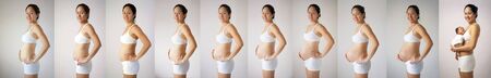 Series of pictures showing asian mother with her growing bellyの写真素材