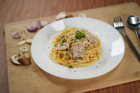 fancy top view spaghetti carbonara lunch dinner meal restaurantの写真素材