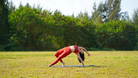 asian chinese female lady yogi practise yoga stretches poses in the park in beautiful weather in various yoga posesの写真素材