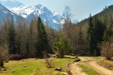 The Caucasus mountains in spring of morningの写真素材