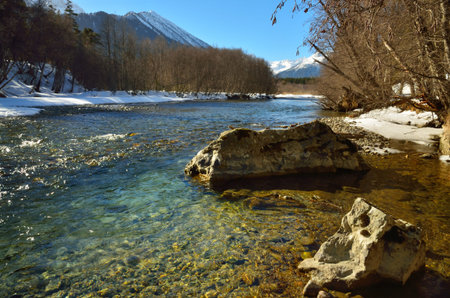 The sunny landscape in Caucasus in winterの写真素材