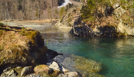 The sunny day in Caucasus mountains in springの写真素材