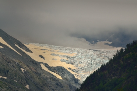 This is glacier in fog of Caucasus mountainsの写真素材