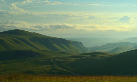This is colorful morning in Caucasus valley in summer