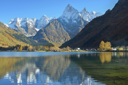 This is colorful lake in Caucasus mountains in fallの写真素材
