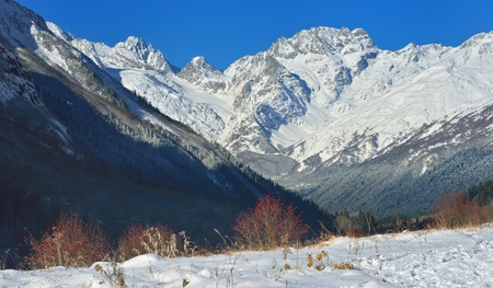 This is sunny view in Caucasus mountains in beginning winterの写真素材