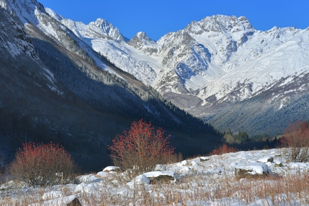 This is sunny morning in Caucasus mountains in beginning winterの写真素材