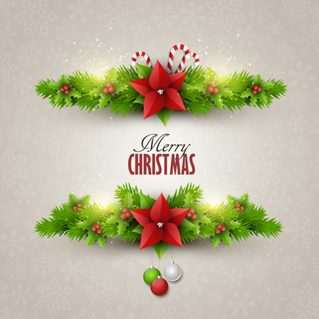 Christmas card with fir twigs and decoration elementsのイラスト素材
