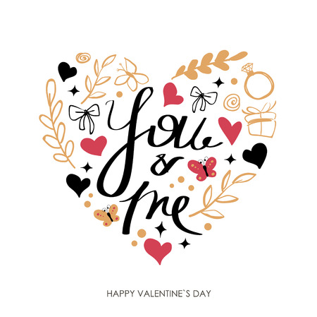 Valentines Day greeting card. Modern calligraphy. Hand drawn design elements. Handwritten lettering.のイラスト素材