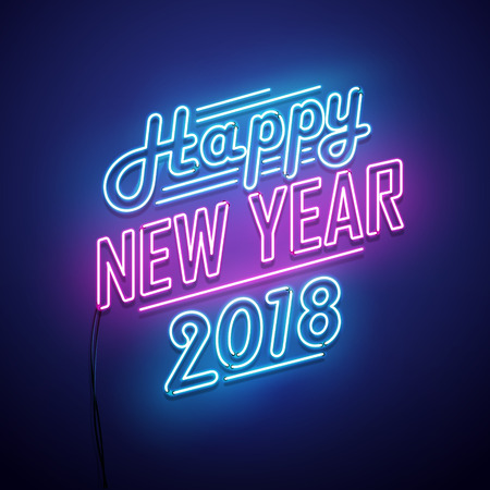 New Year 2018 neon sign. Vector background.のイラスト素材