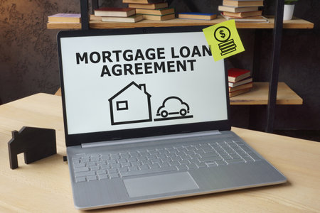 Mortgage loan agreement contract is shown on a photo using the text on the screenの写真素材