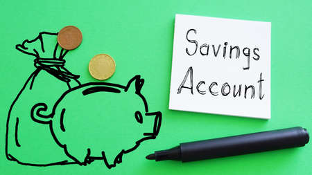 Savings account is shown using the text and picture of the piggy bankの写真素材