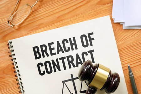 Breach of contract is shown using a text and photo of court gavelの写真素材