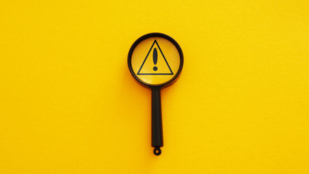 Magnifier glass with triangle caution warning sign for notification error and maintenance concept.の写真素材