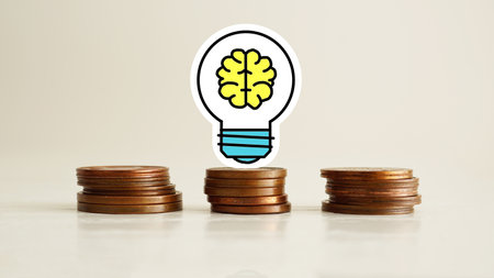 Financial solutions. Creativity and innovation are keys success. Concept of new idea and innovation with icons and light bulbs, Save the money, Freedom of thoughtの写真素材