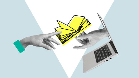 Concept of online education. Abstract collage with laptop and human hands with open book. Online library.の写真素材