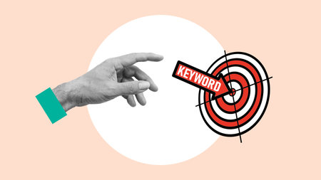 Keyword Advertising. Red arrow hit center of target. Advertising business and marketing concept....