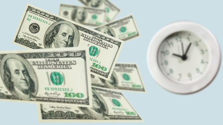 Quick cash loan. Time to pay bills. Time is money is shown using collage of dollars and clock.