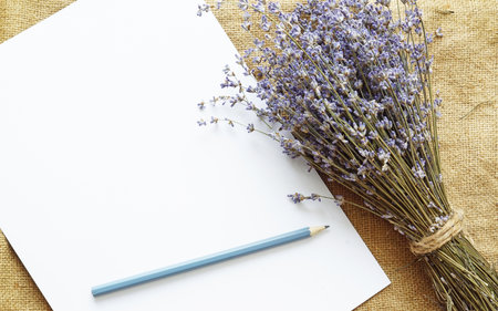 Blank paper card mock up, envelope, and meadow flowers of lavender on Burlap background. Boho natural wedding invitation template, business brand flat layの写真素材