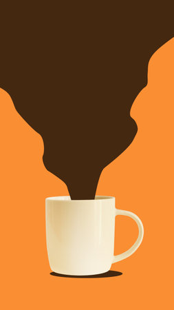 Flow of coffee from coffee cup on orange background. Concept of drink, taste, art, colorful design. Minimal design. Vertical poster with copy space for textの写真素材