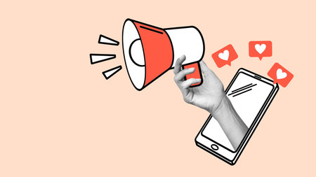 Collage with Female hand with megaphone sticking out phone screen with like icons promoting online shopping. Concept of Internet purchase and worldwide networkの写真素材