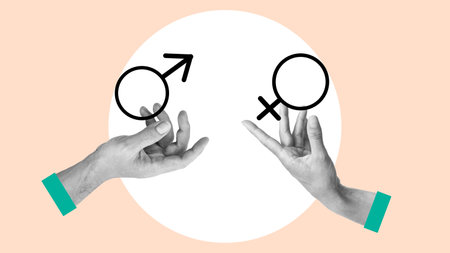 Collage with Hands holding male and female gender sign symbolizing equality isolated over pink background. Sexual education. Concept of love, freedom, awareness.の写真素材