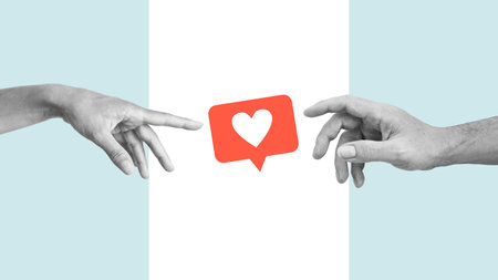 Creative collage artwork template of hands pointing fingers feedback sign. Concept of social media influence, popularity and digital marketingの写真素材