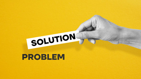 Problem solution is shown using a text. Problem - Analysis - Idea - Solutionの写真素材