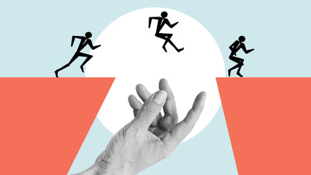 Find a mentor. Collage with climbing jumping over cliff symbolizing success. Concept of support, motivation, professional growth, teamwork and goal.の写真素材