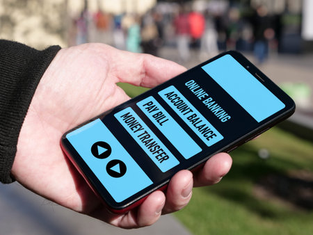 Male hand with smartphone for personal financial transaction on mobile banking app. Account balance,...