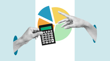 Collage with hand with calculator and hand with Pie chart. Indirect taxes, new taxes, let's talk about taxes. Excise tax and bankingの写真素材