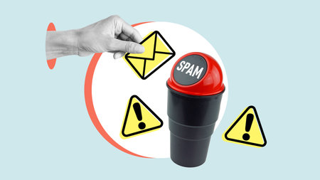 Collage with hand throwing spam mail to trash can and spam alert. Hand with spam letter, mail fraud, phishing, beware of emailの写真素材